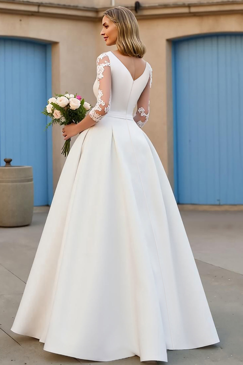 A Line Ivory V-Neck Satin Floor-Length Wedding Dress with Sleeves