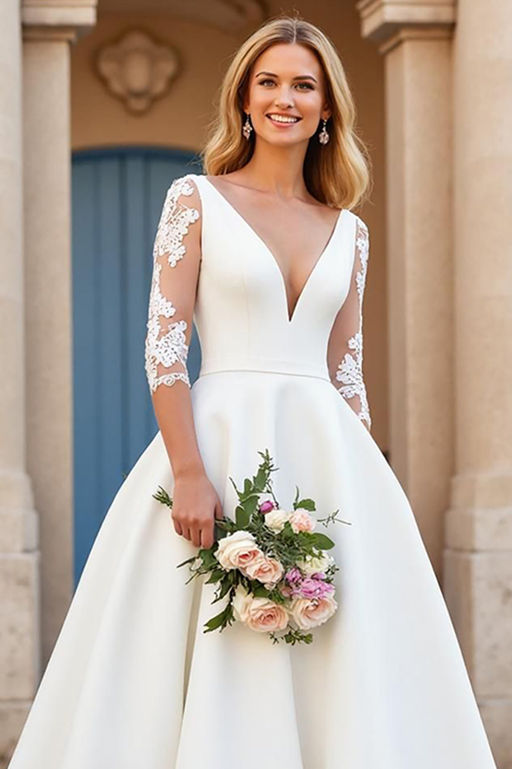 A Line Ivory V-Neck Satin Floor-Length Wedding Dress with Sleeves