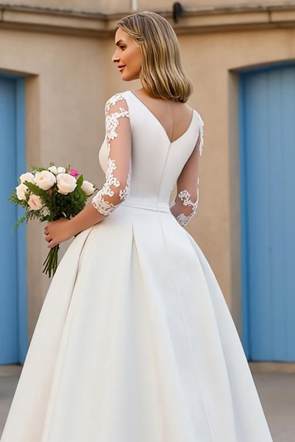 A Line Ivory V-Neck Satin Floor-Length Wedding Dress with Sleeves