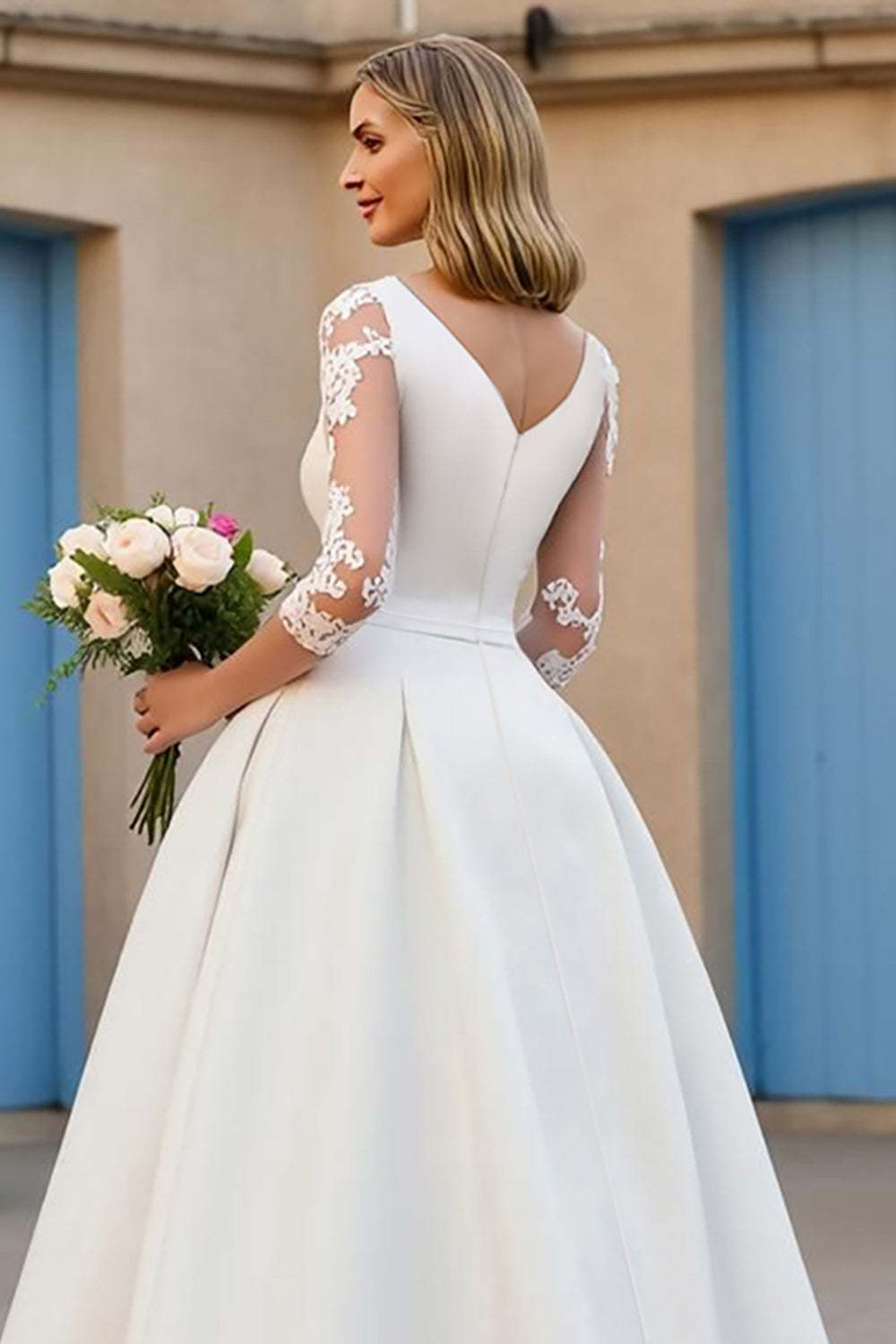 A Line Ivory V-Neck Satin Floor-Length Wedding Dress with Sleeves