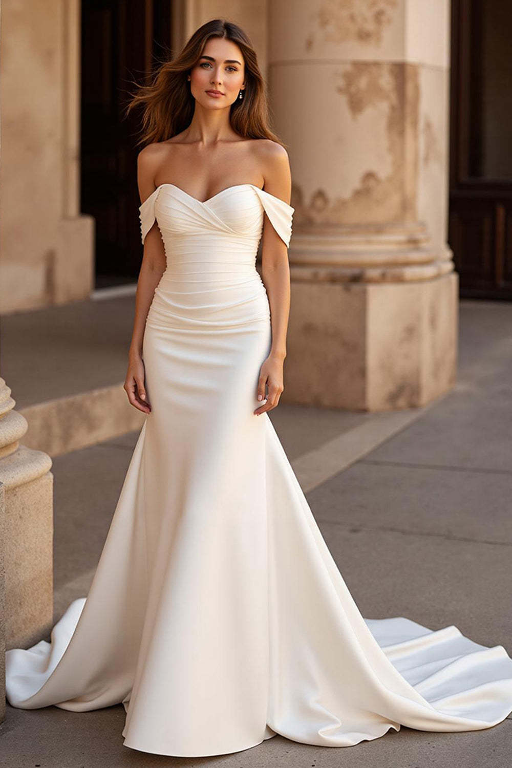 Leely Women Elegant Ivory Satin Sweep Train Wedding Dress Off the Shoulder Mermaid Rehearsal Dinner Dress