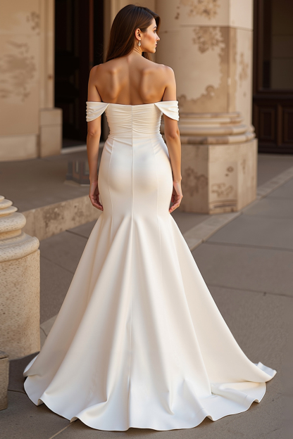 Elegant Ivory Off the Shoulder Mermaid Satin Sweep Train Wedding Dress