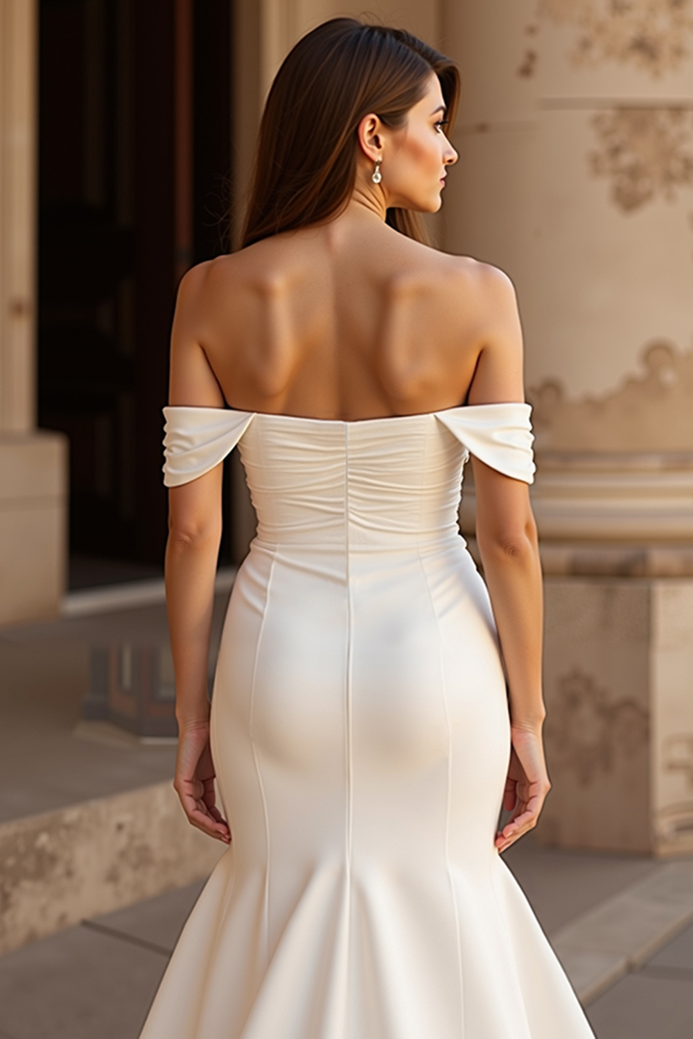 Elegant Ivory Off the Shoulder Mermaid Satin Sweep Train Wedding Dress