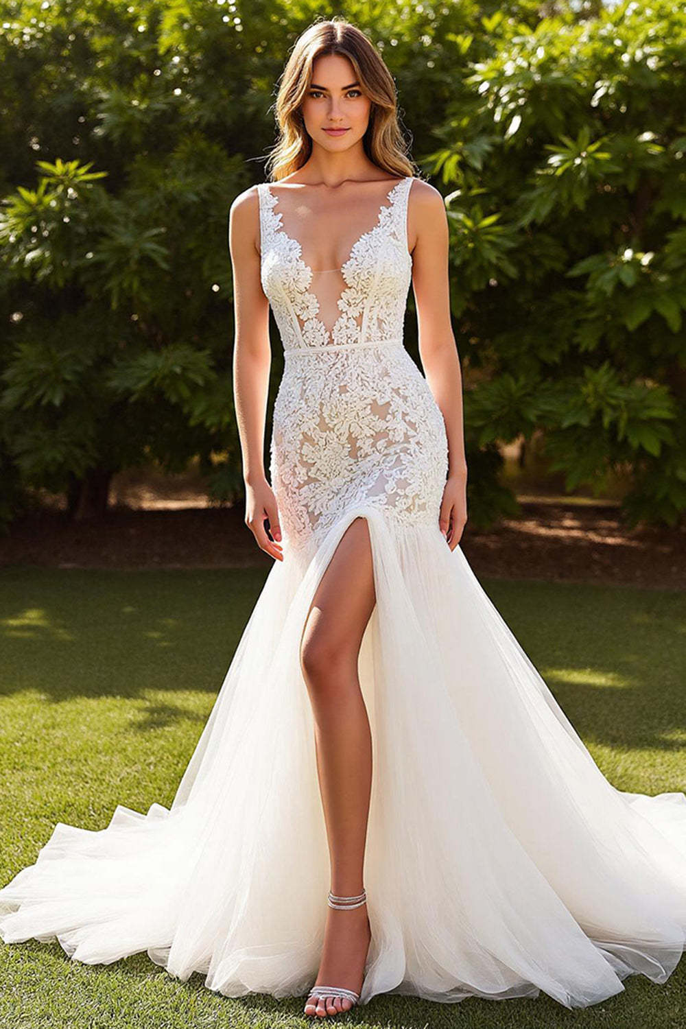 Leely Women Ivory Lace Mermaid Sweep Train Wedding Dress with Slit V-Neck Lace-Up Back Tulle Bridal Dress