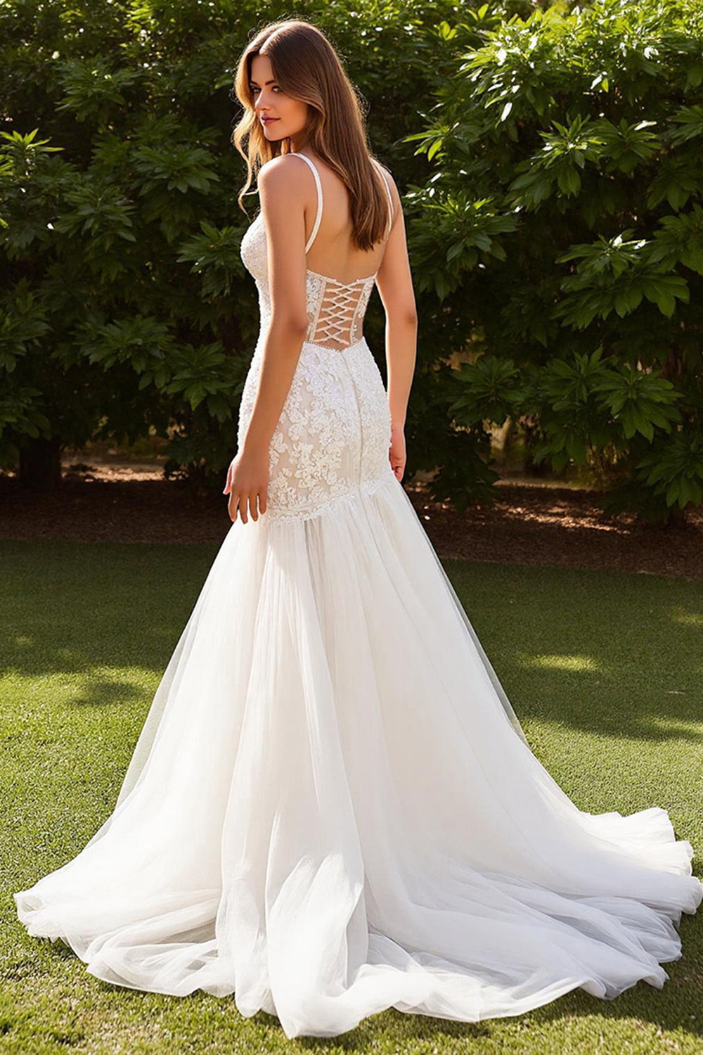 Lace Ivory V-Neck Mermaid Sweep Train Wedding Dress with Slit