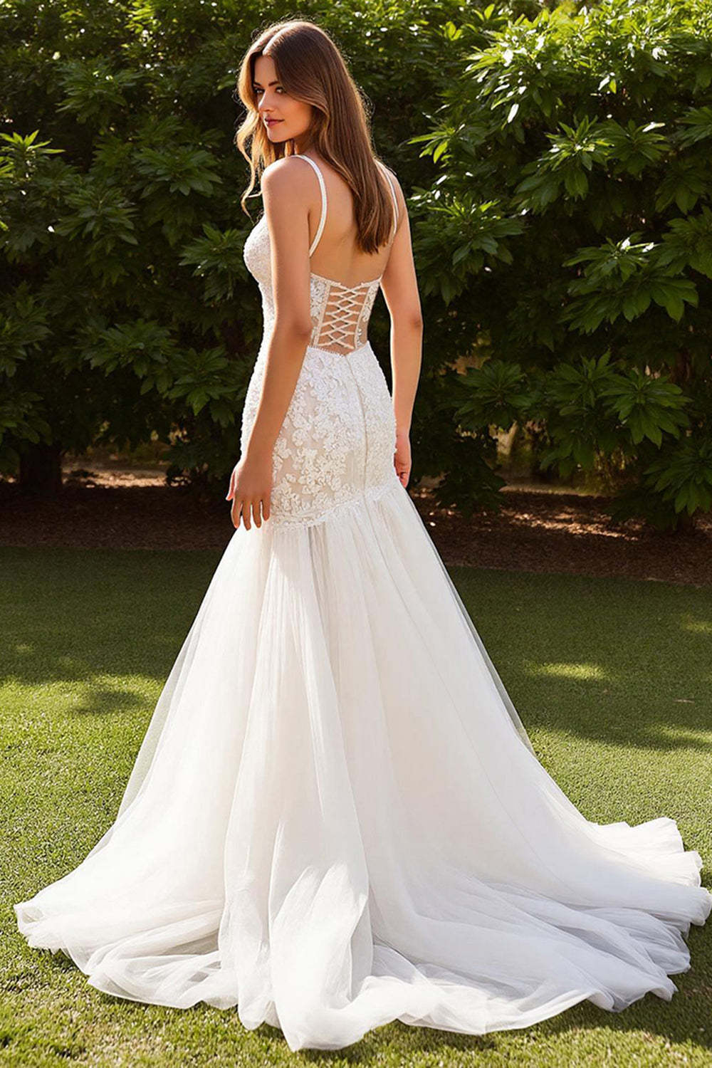 Lace Ivory V-Neck Mermaid Sweep Train Wedding Dress with Slit