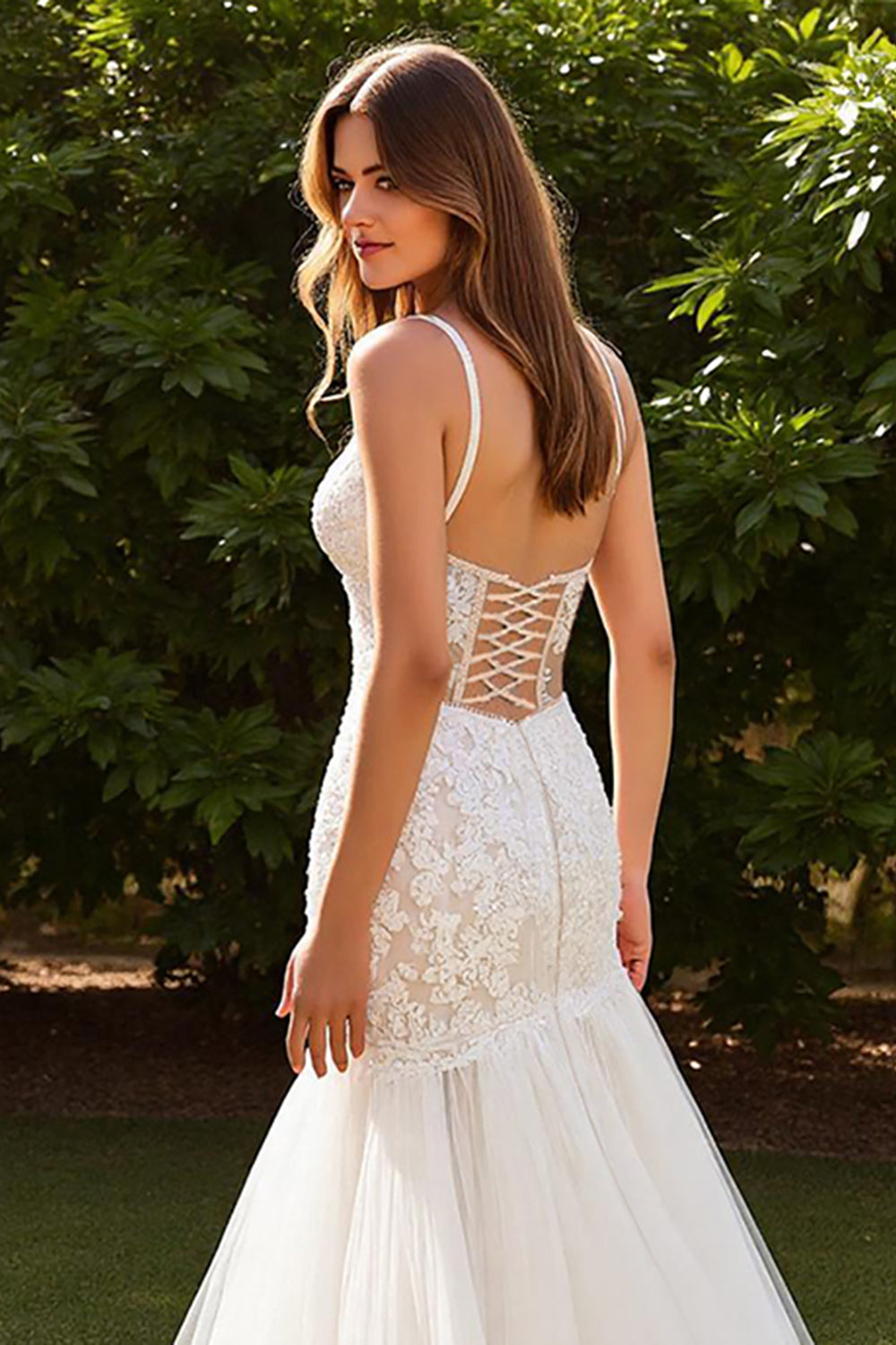 Lace Ivory V-Neck Mermaid Sweep Train Wedding Dress with Slit