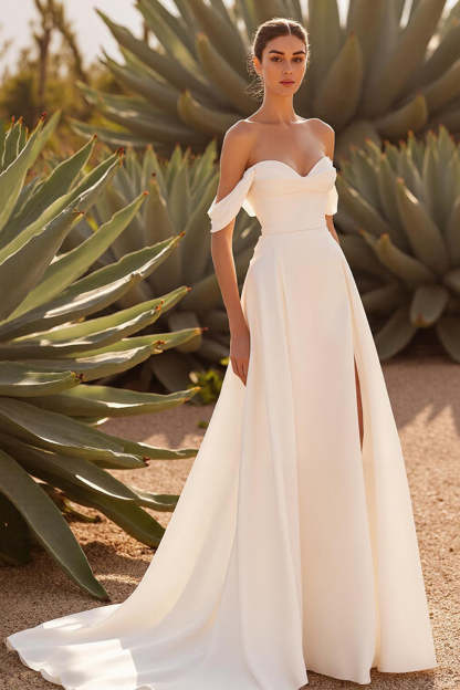 Leely Women Ivory Satin Sweep Train Wedding Dress with Slit A Line Off the Shoulder Rehearsal Dinner Dress