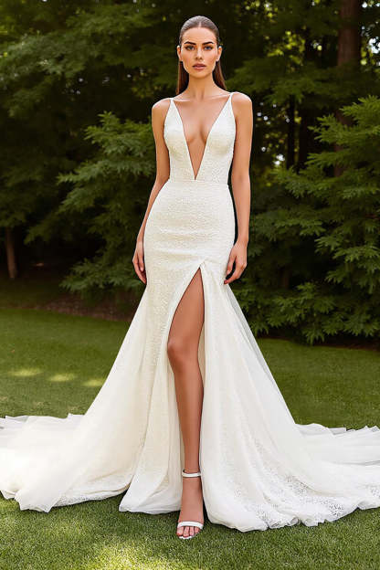 Leely Women Gorgeous Ivory Sweep Train Mermaid Wedding Dress with Slit Deep V-Neck Lace Bridal Dress