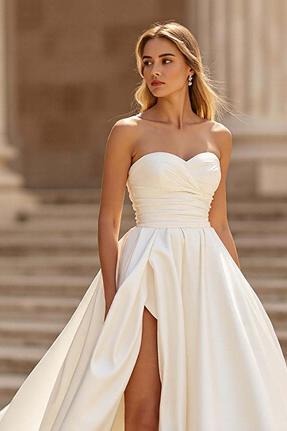 Sweetheart Ivory A Line Sweep Train Satin Wedding Dress with Slit