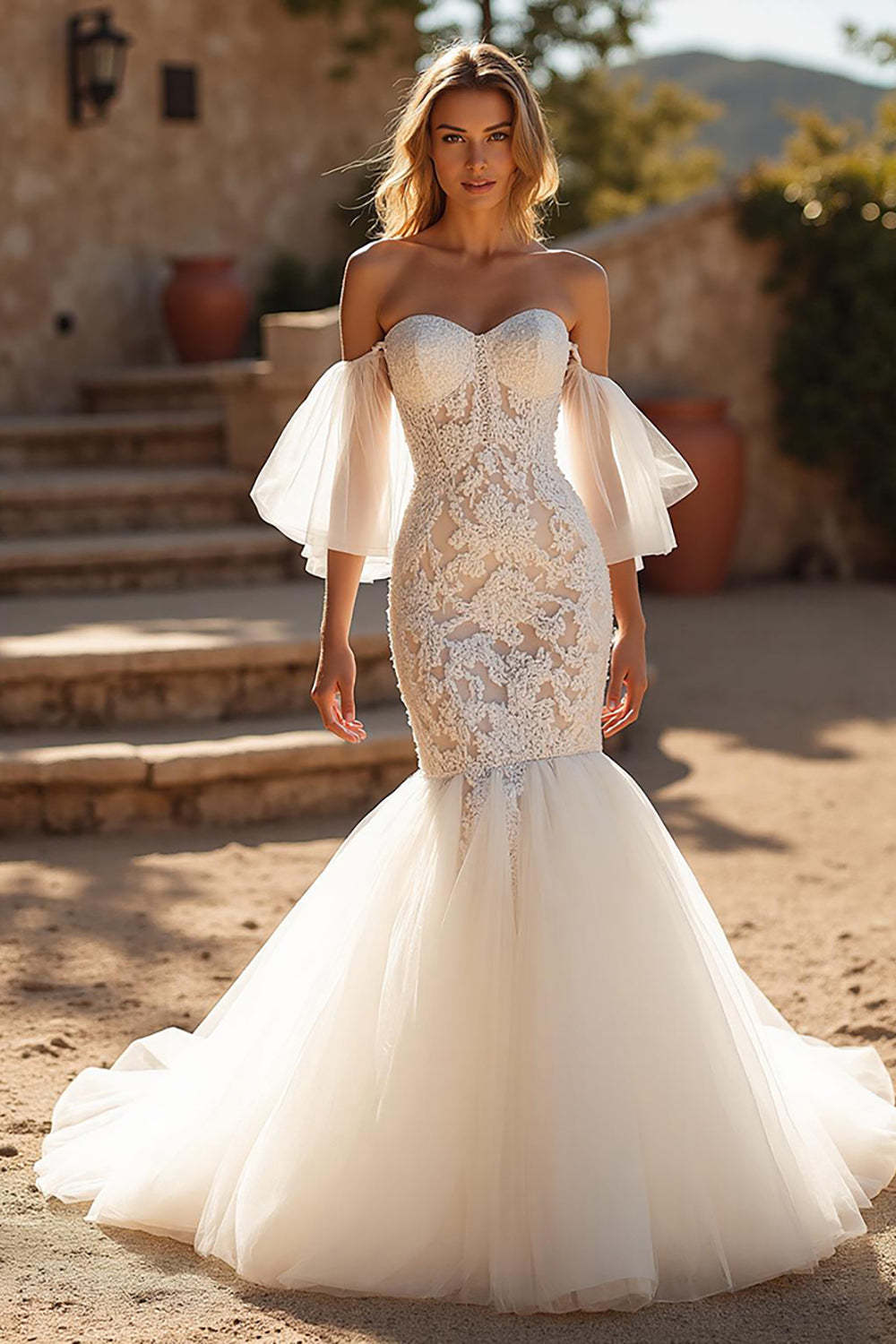 Leely Women Ivory Tulle Sweep Train Wedding Dress with Lace Mermaid Off the Shoulder Bridal Dress with Sleeves