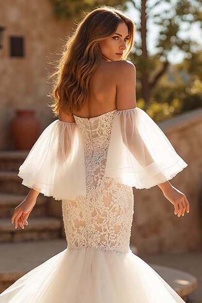 Ivory Mermaid Off the Shoulder Tulle Sweep Train Wedding Dress with Lace