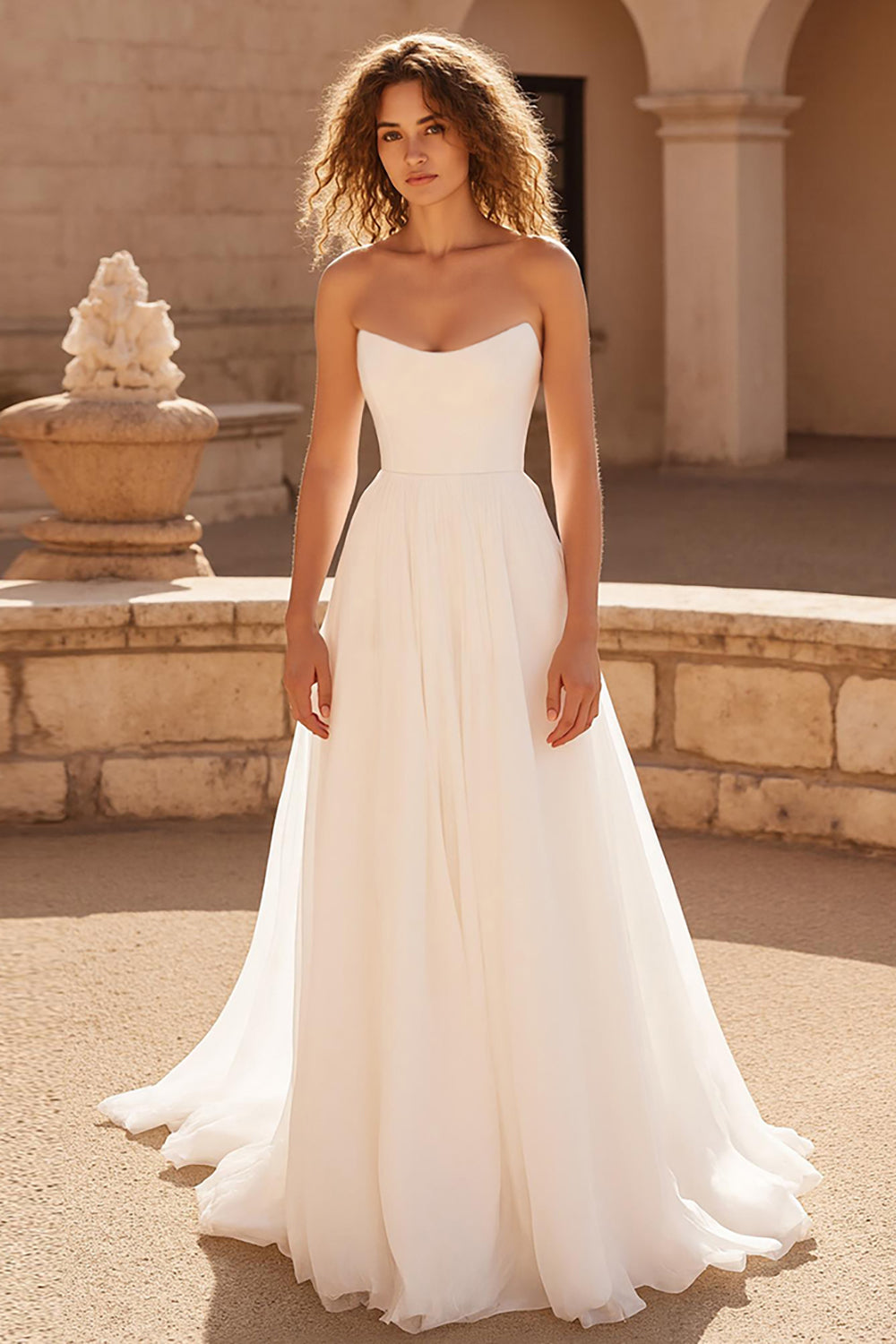 Ivory Strapless A Line Chiffon Sweep Train Backless Wedding Dress