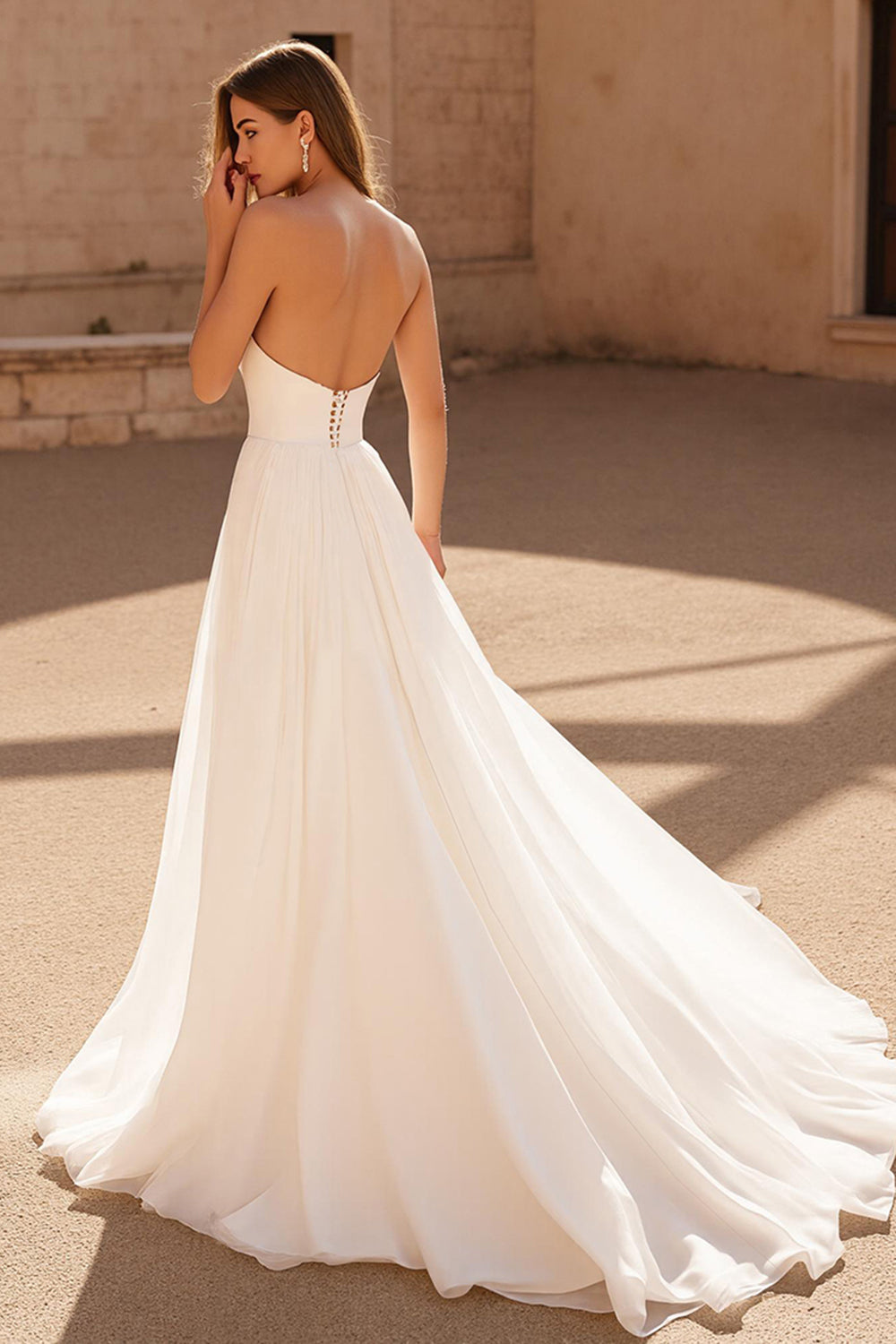 Ivory Strapless A Line Chiffon Sweep Train Backless Wedding Dress