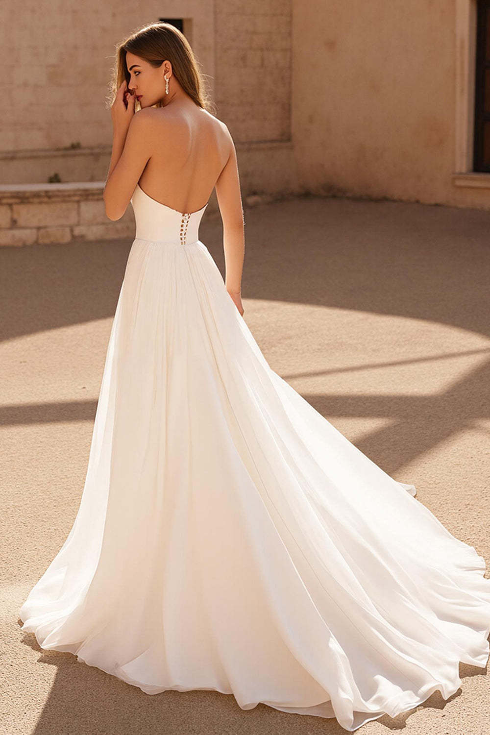 Ivory Strapless A Line Chiffon Sweep Train Backless Wedding Dress