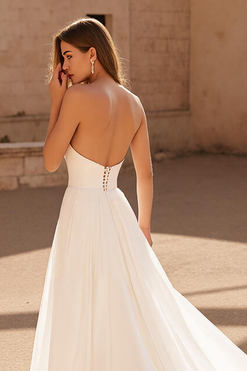 Ivory Strapless A Line Chiffon Sweep Train Backless Wedding Dress