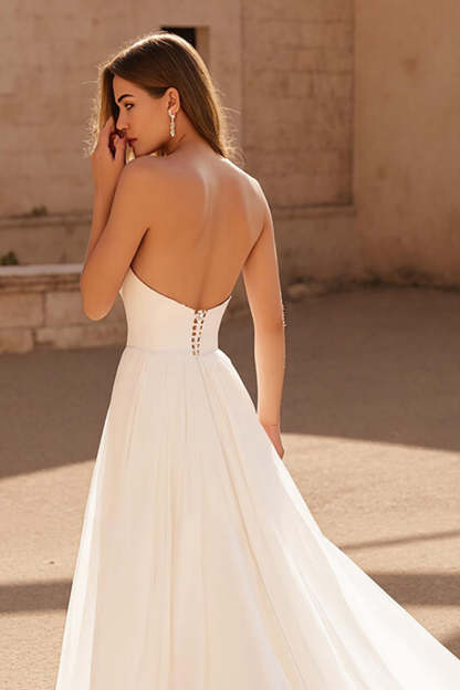 Ivory Strapless A Line Chiffon Sweep Train Backless Wedding Dress