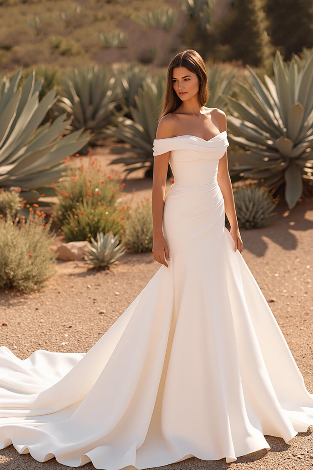Satin Ivory Off the Shoulder Mermaid Sweep Train Wedding Dress