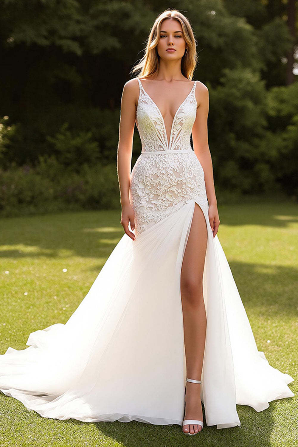 Leely Women Ivory Lace Sweep Train Wedding Dress Deep V-Neck Mermaid Tulle Bridal Dress with High Slit