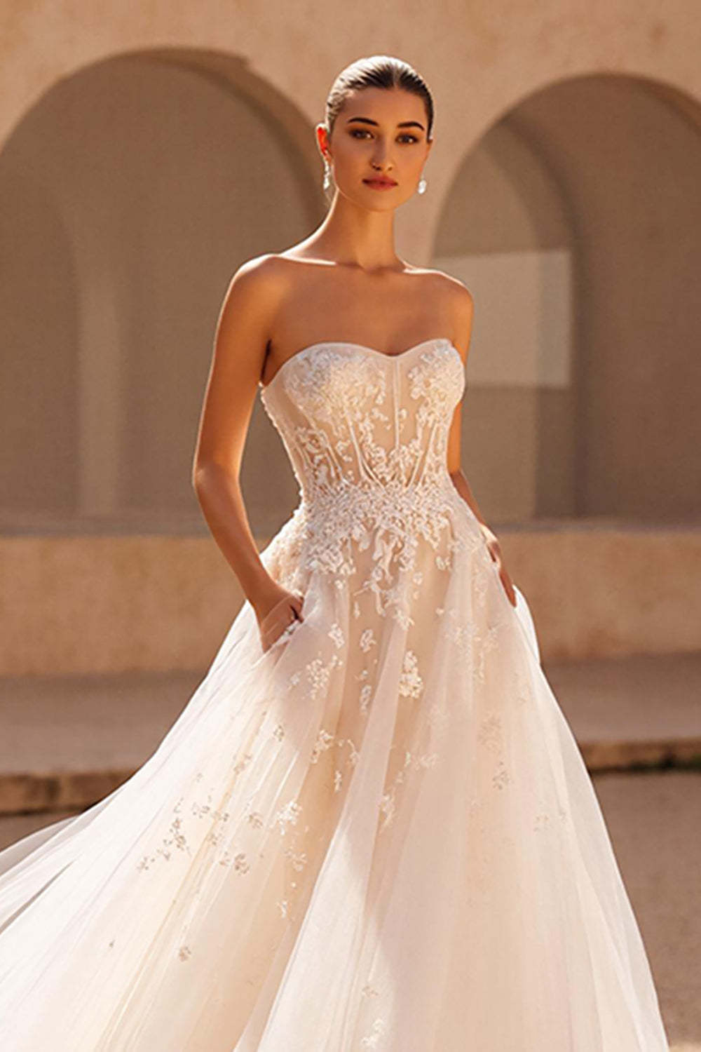 Ivory A Line Strapless Sweep Train Lace Appliqued Wedding Dress with Pockets