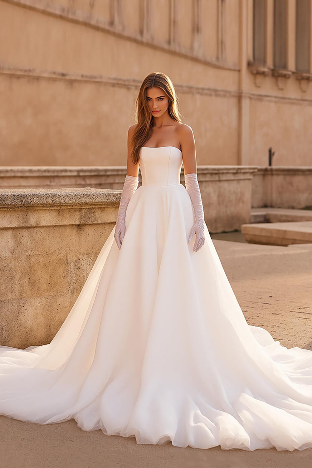 Simple Ivory Ball Gown Strapless Sweep Train Wedding Dress