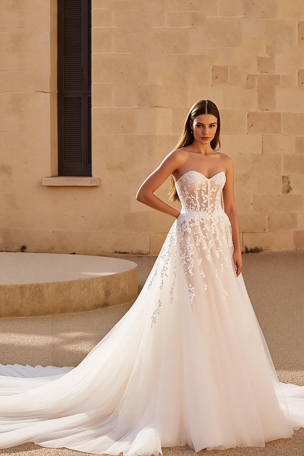 Corset Ivory Sweetheart A Line Sweep Train Wedding Dress with Lace