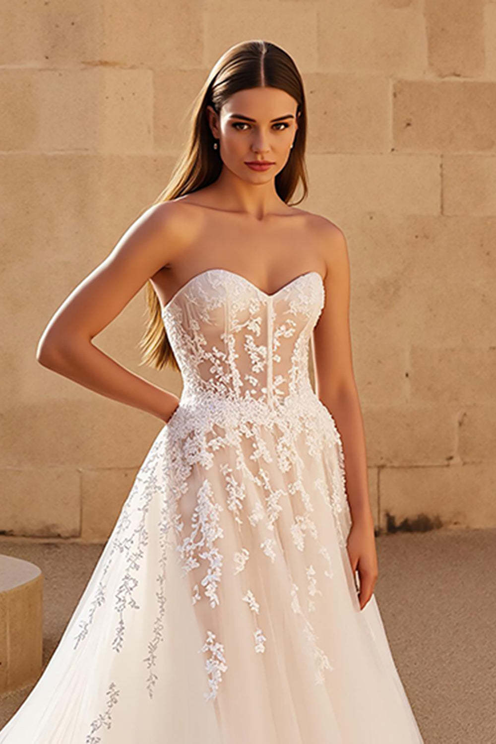 Corset Ivory Sweetheart A Line Sweep Train Wedding Dress with Lace