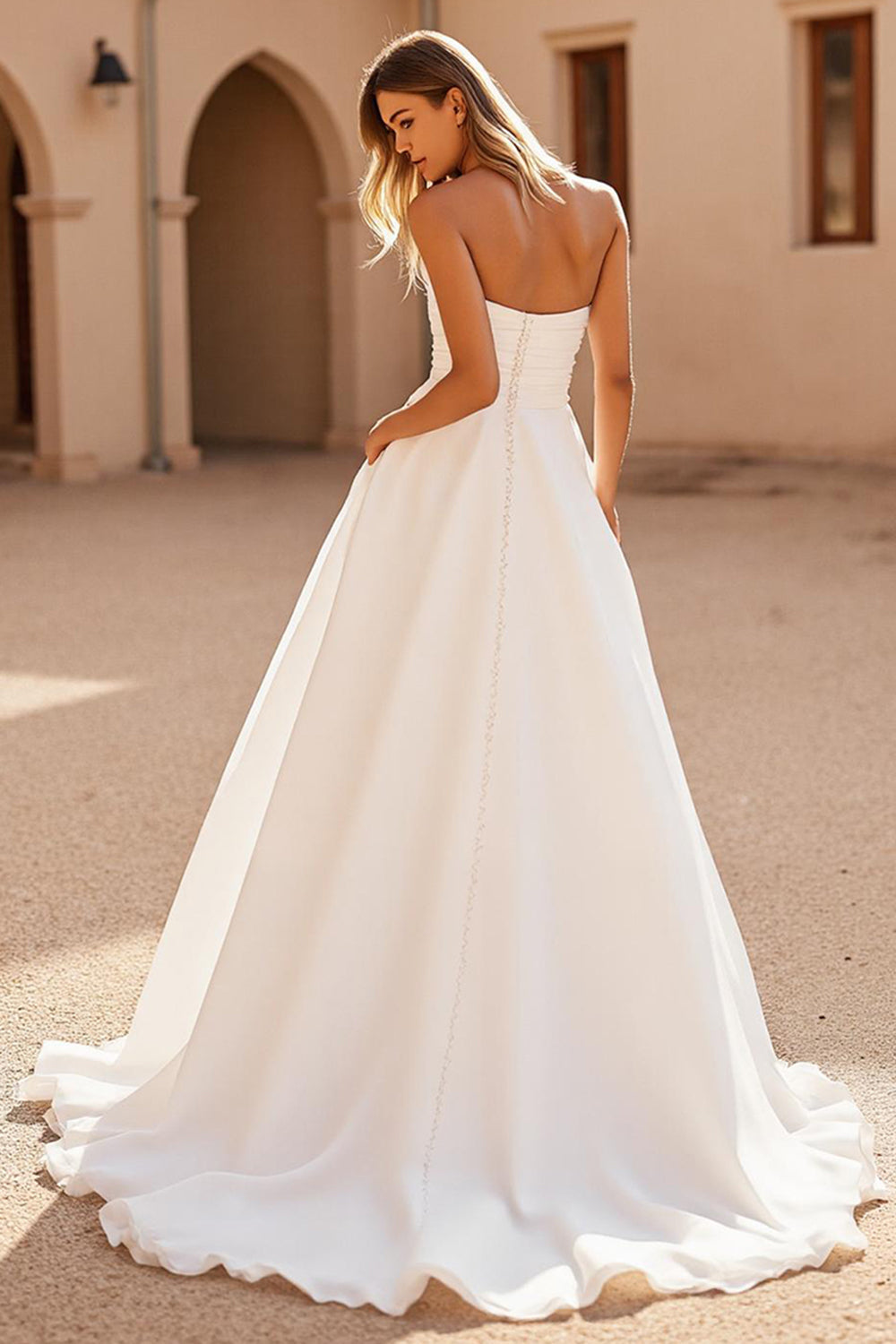Ivory Satin A Line Strapless Sweep Train Wedding Dress with Slit