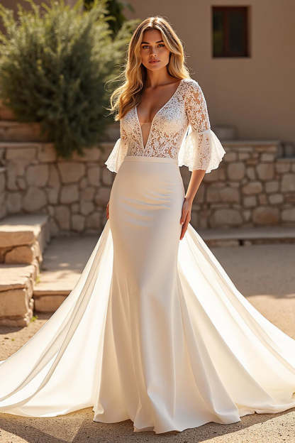 Leely Women Ivory Satin Mermaid Sweep Train Wedding Dress with Lace Deep V-Neck Half Sleeves Bridal Dress