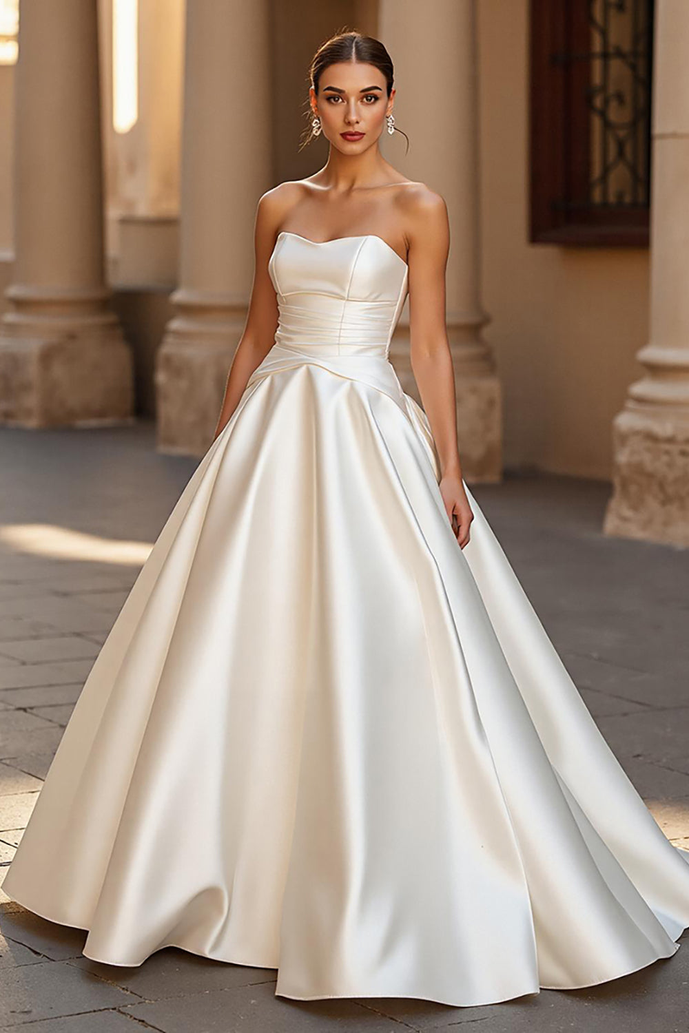 Elegant Ivory Satin Ball Gown Strapless Sweep Train Wedding Dress
