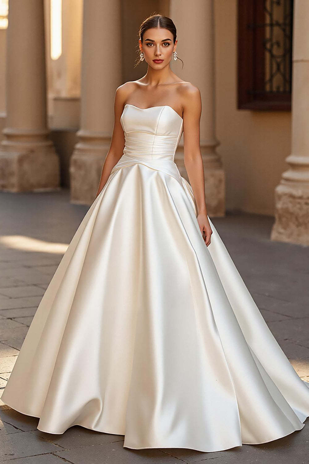 Leely Women Elegant Ivory Satin Sweep Train Wedding Dress Ball Gown Strapless Bridal Dress