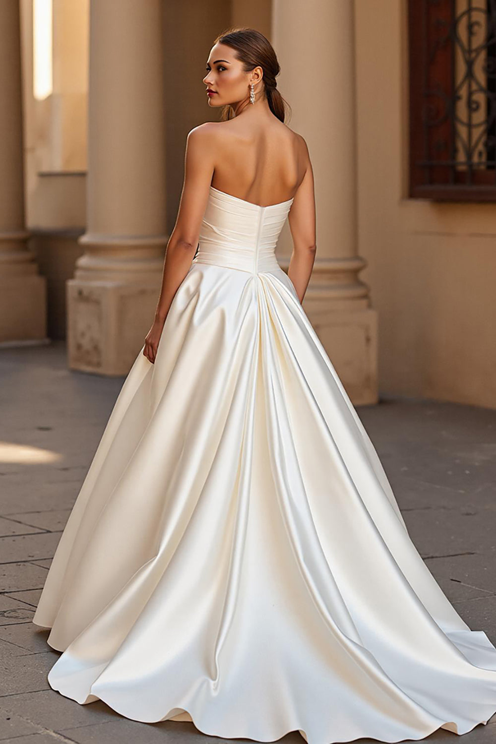Elegant Ivory Satin Ball Gown Strapless Sweep Train Wedding Dress