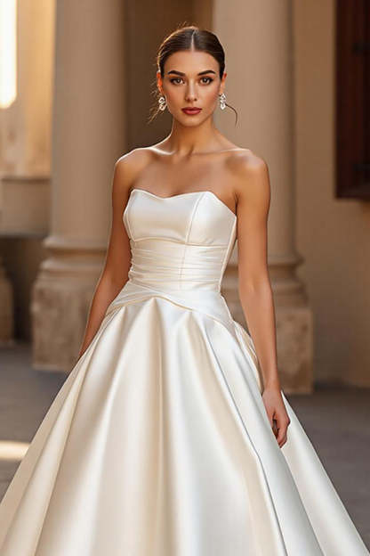 Elegant Ivory Satin Ball Gown Strapless Sweep Train Wedding Dress