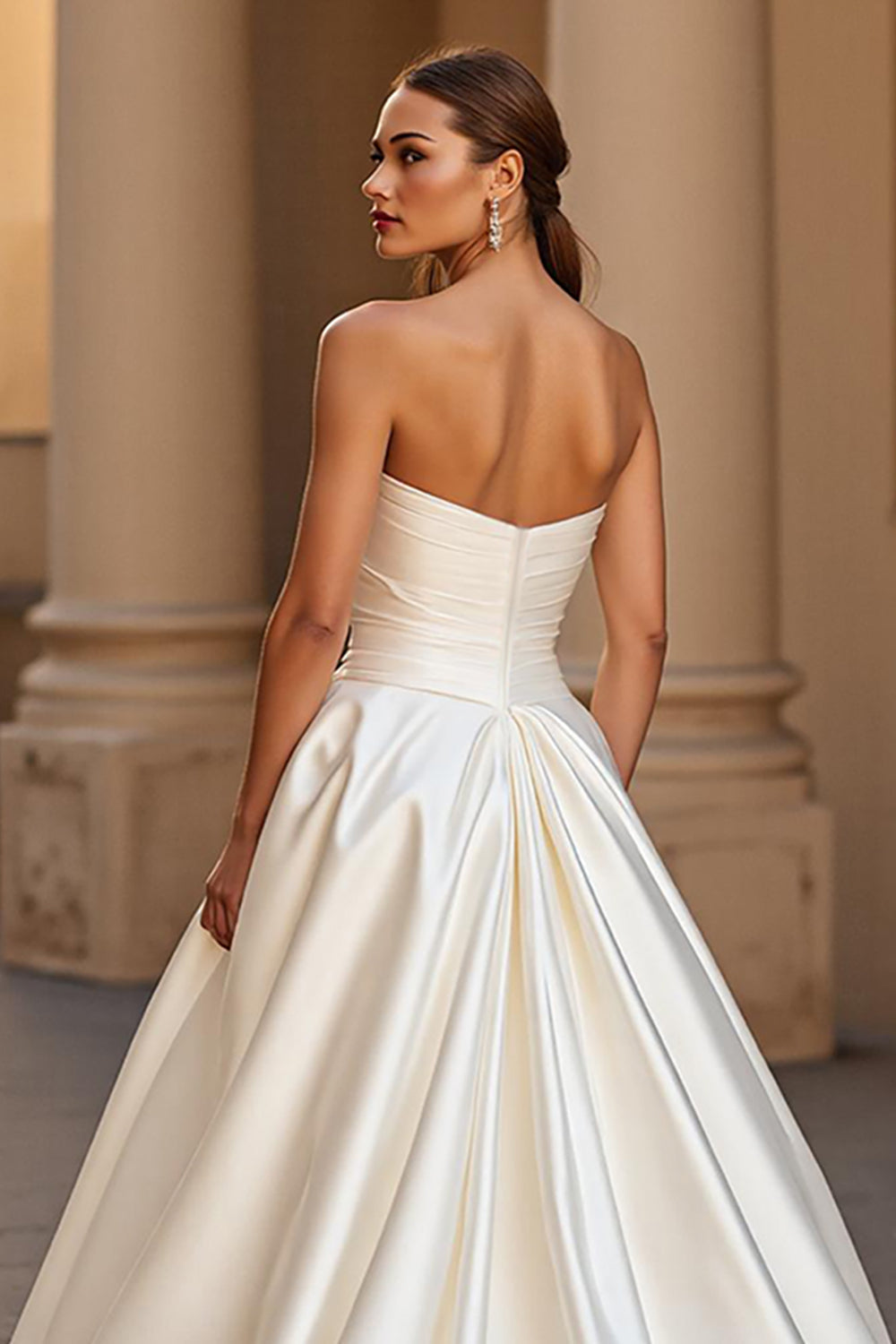 Elegant Ivory Satin Ball Gown Strapless Sweep Train Wedding Dress