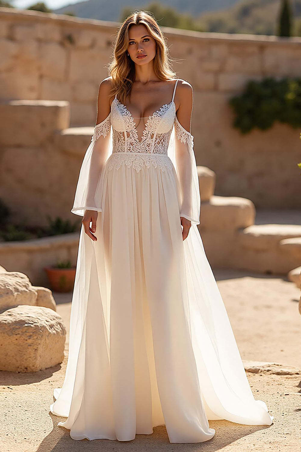 Leely Women Ivory Chiffon Sweep Train Wedding Dress with Lace A Line Cold Shoulder Lace-Up Back Bridal Dress with Sleeves