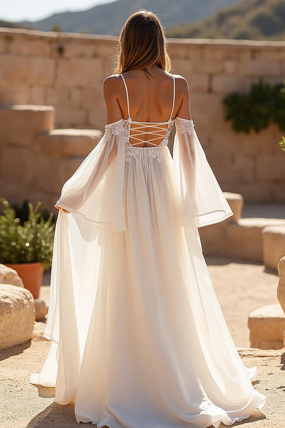 Ivory Cold Shoulder A Line Chiffon Sweep Train Wedding Dress with Lace