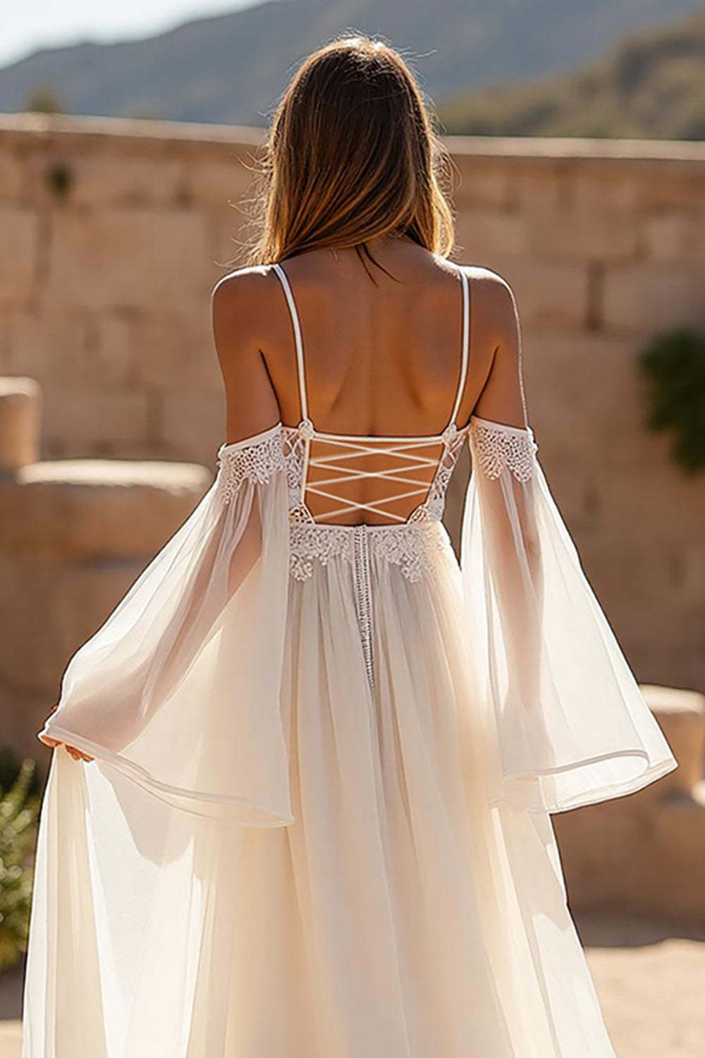 Ivory Cold Shoulder A Line Chiffon Sweep Train Wedding Dress with Lace