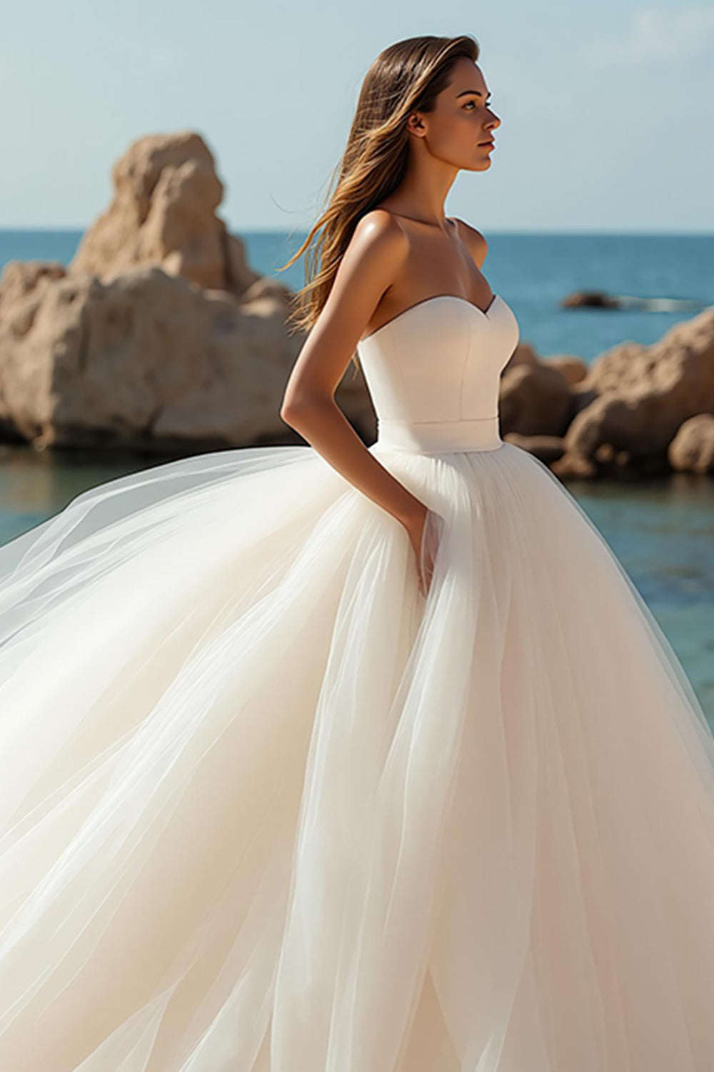 Princess Ivory Ball Gown Sweetheart Tulle Sweep Train Wedding Dress
