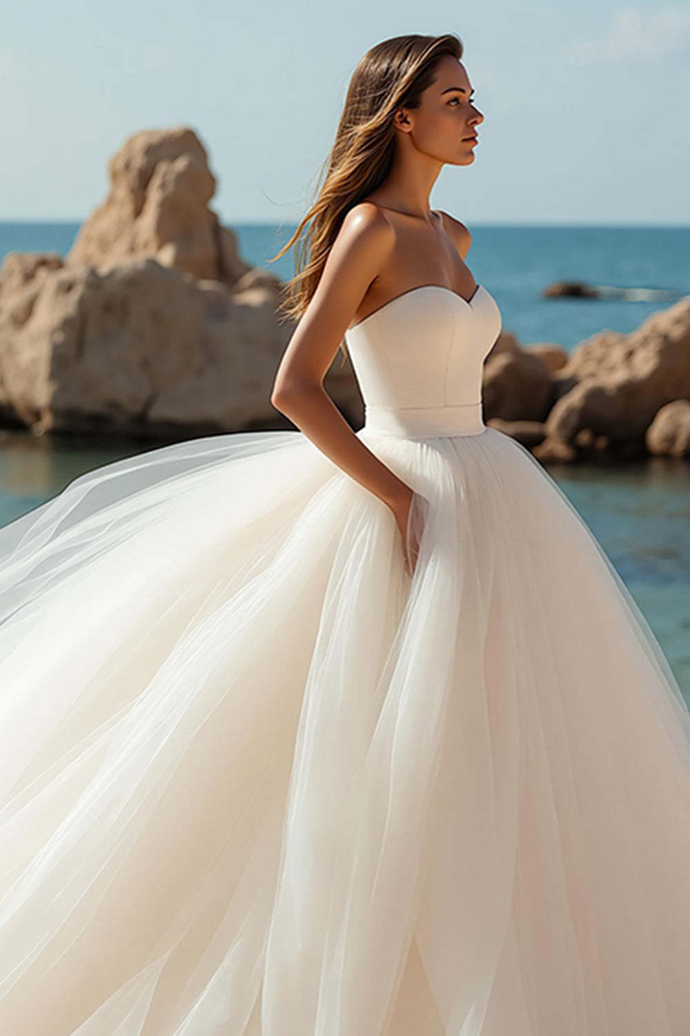 Princess Ivory Ball Gown Sweetheart Tulle Sweep Train Wedding Dress