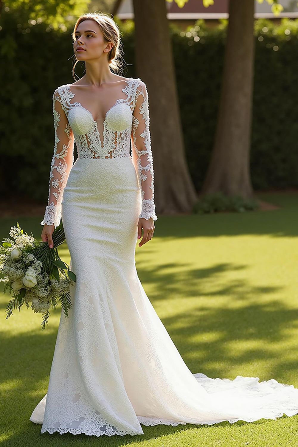 Lace Mermaid Ivory V-Neck Sweep Train Wedding Dress with Sleeves