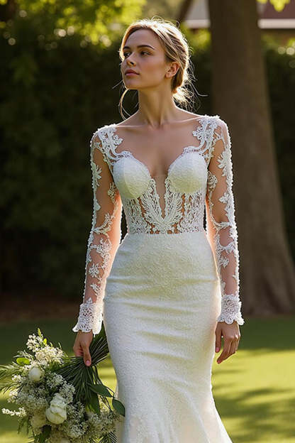 Lace Mermaid Ivory V-Neck Sweep Train Wedding Dress with Sleeves