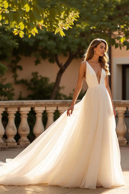 Leely Women Ivory Chiffon Sweep Train Wedding Dress A Line Deep V-Neck Sleeveless Bridal Dress