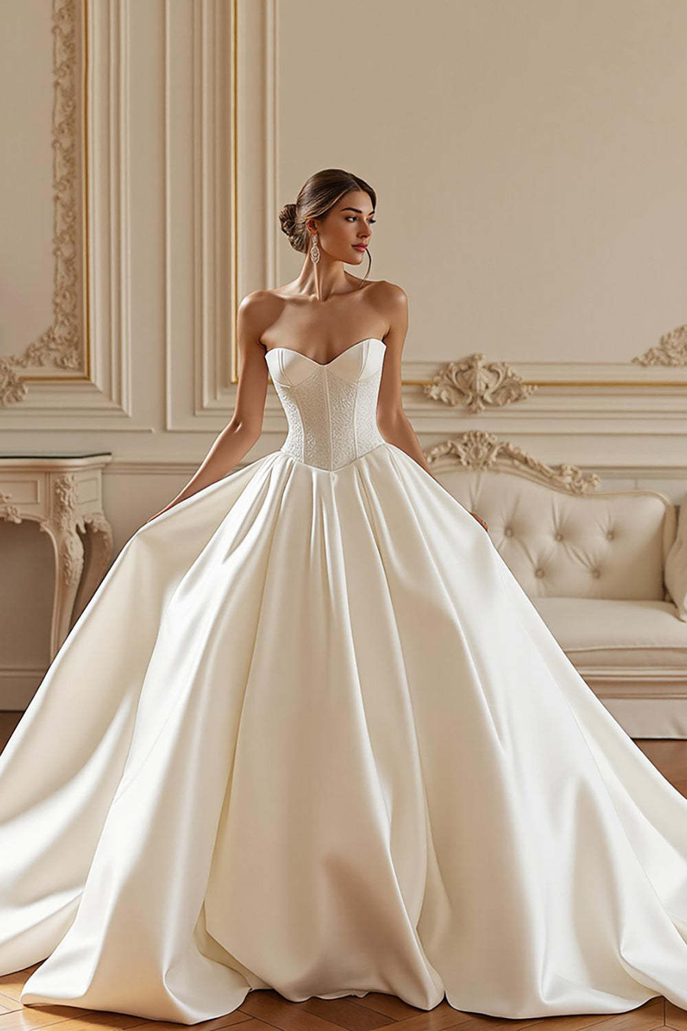 Leely Women Ivory Corset Princess Ball Gown Long Wedding Dress Satin Sweetheart Bridal Dress
