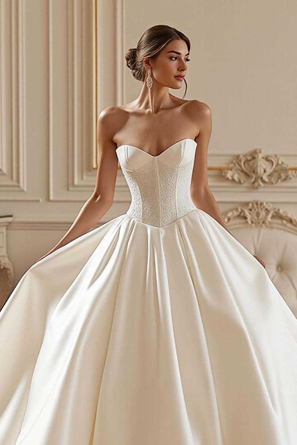 Ivory Satin Sweetheart Corset Princess Ball Gown Long Wedding Dress
