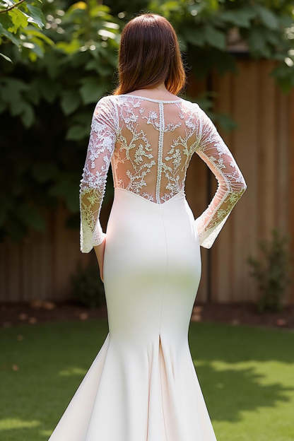 Mermaid Ivory Long Sleeves Sweep Train Wedding Dress with Lace