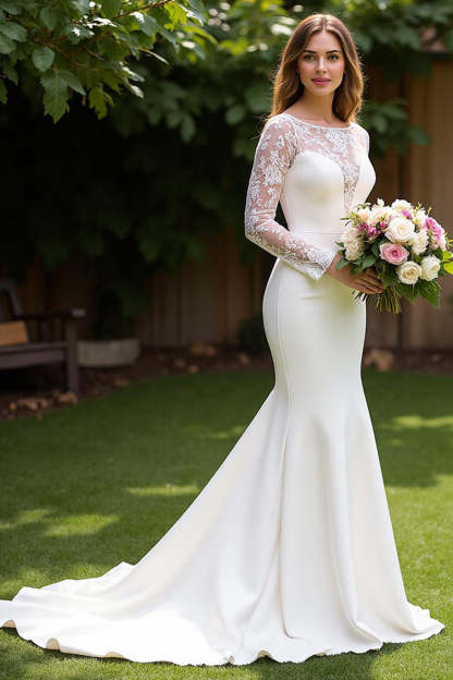 Mermaid Ivory Long Sleeves Sweep Train Wedding Dress with Lace