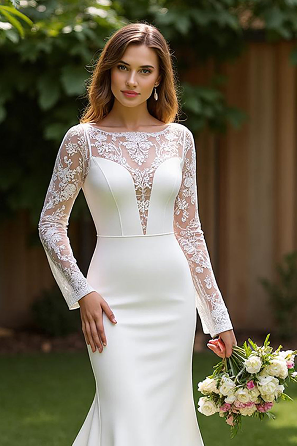 Mermaid Ivory Long Sleeves Sweep Train Wedding Dress with Lace