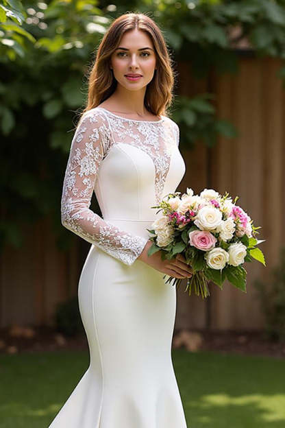 Mermaid Ivory Long Sleeves Sweep Train Wedding Dress with Lace