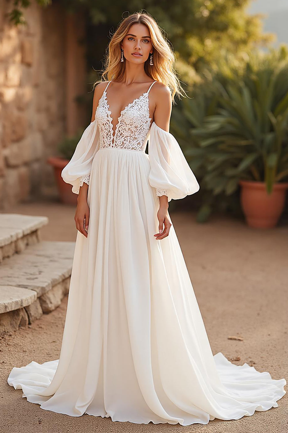 Leely Women Ivory Boho Sweep Train Chiffon Wedding Dress Backless Spaghetti Straps A Line Detachable Sleeves Bridal Dress with Lace