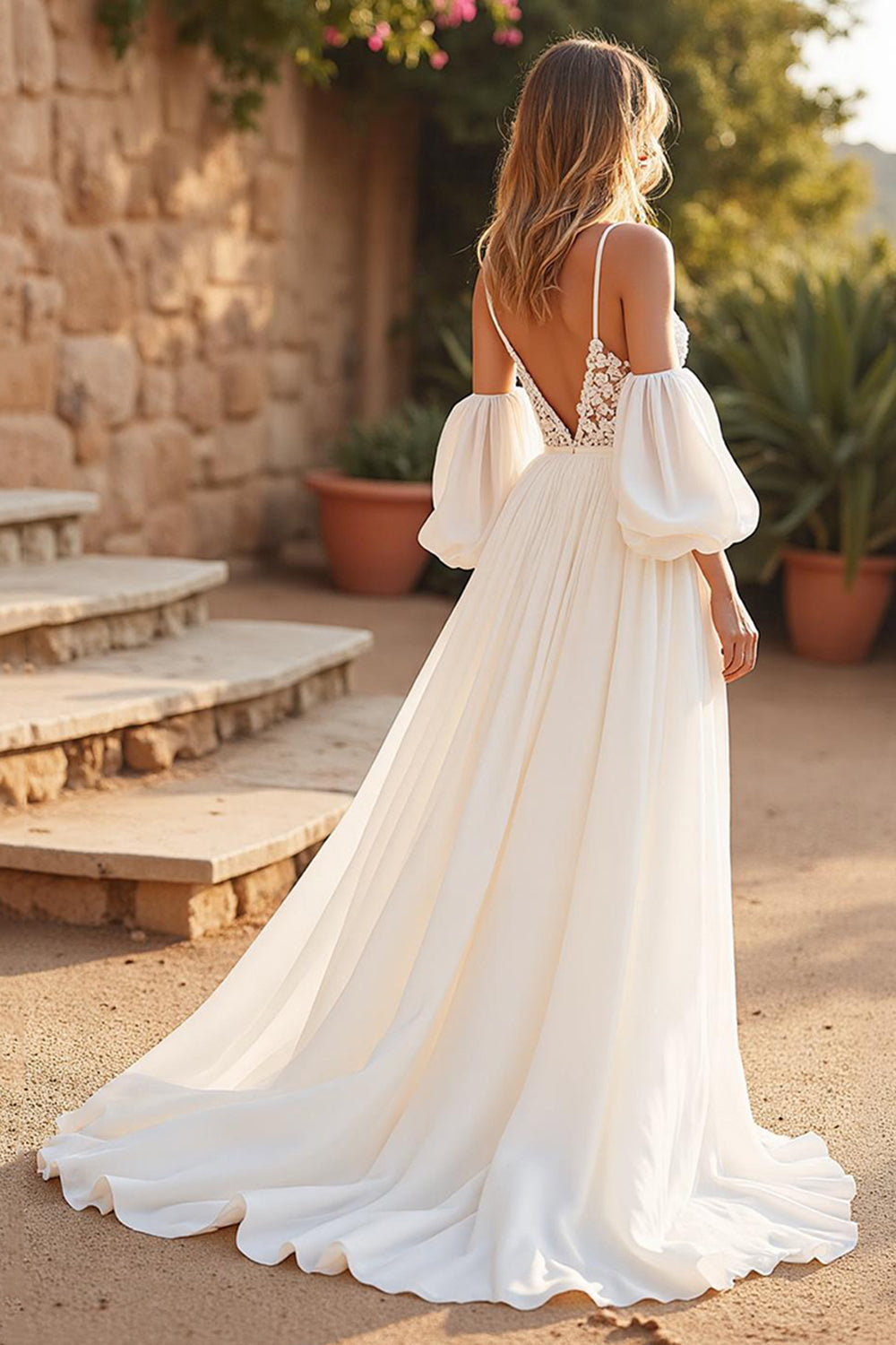 Ivory Detachable Sleeves Boho Chiffon Sweep Train Wedding Dress with Lace